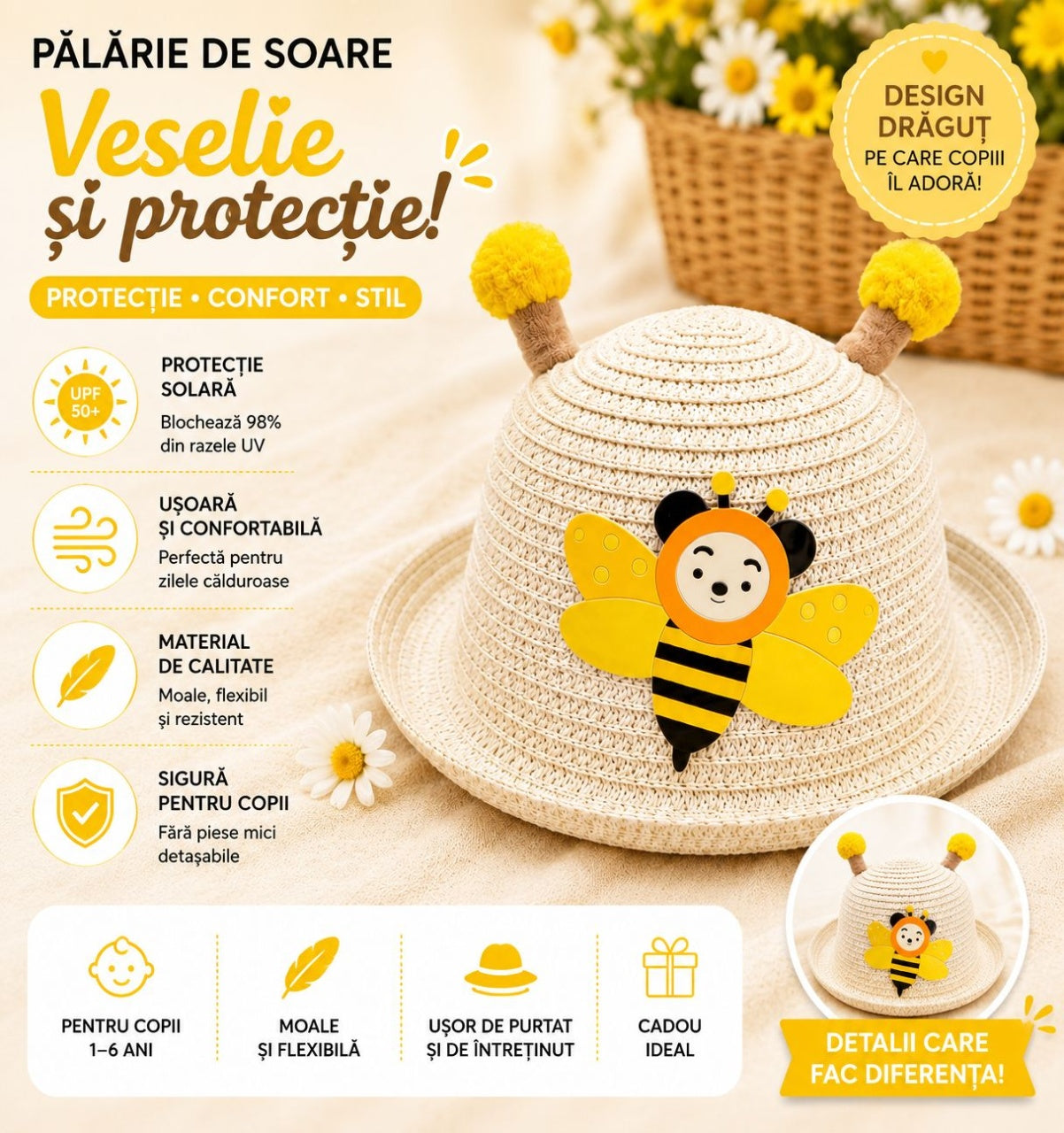 Palarie de soare pentru copii cu model albina, usoara si confortabila