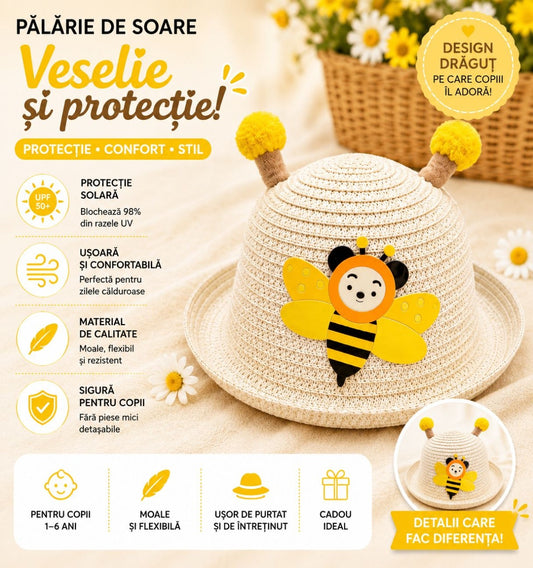 Palarie de soare pentru copii cu model albina, usoara si confortabila