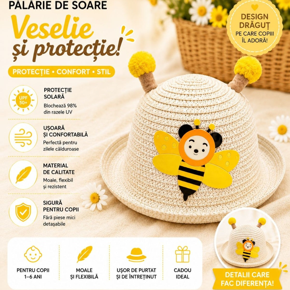 Palarie de soare pentru copii cu model albina, usoara si confortabila