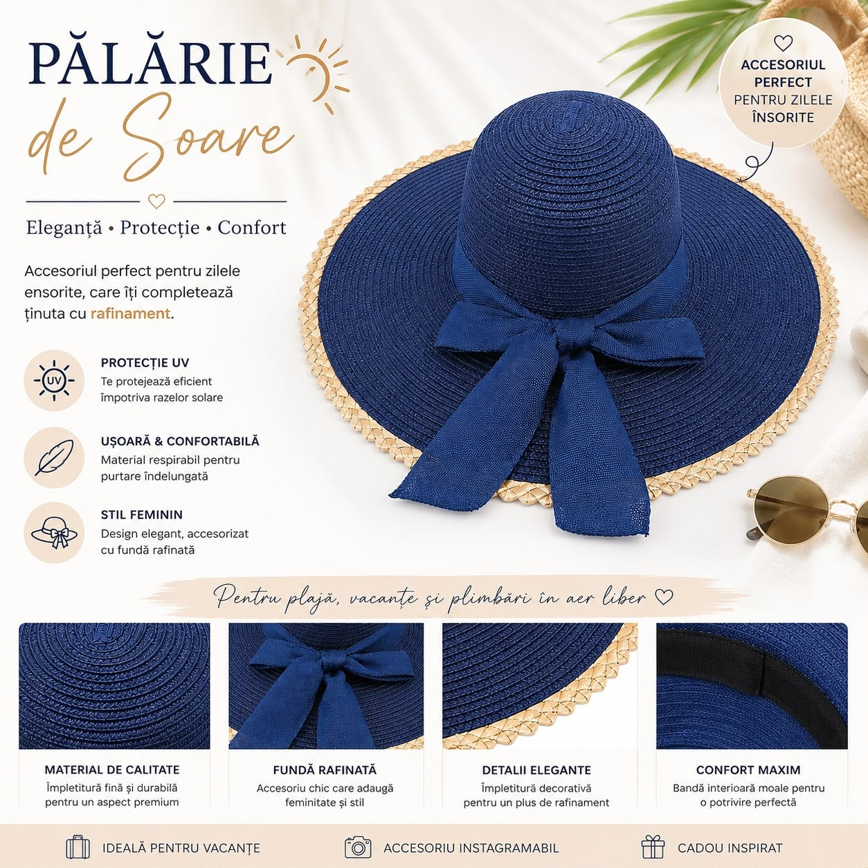 Palarie de Soare pentru Dama Albastra cu Boruri Largi si Funda Albastra