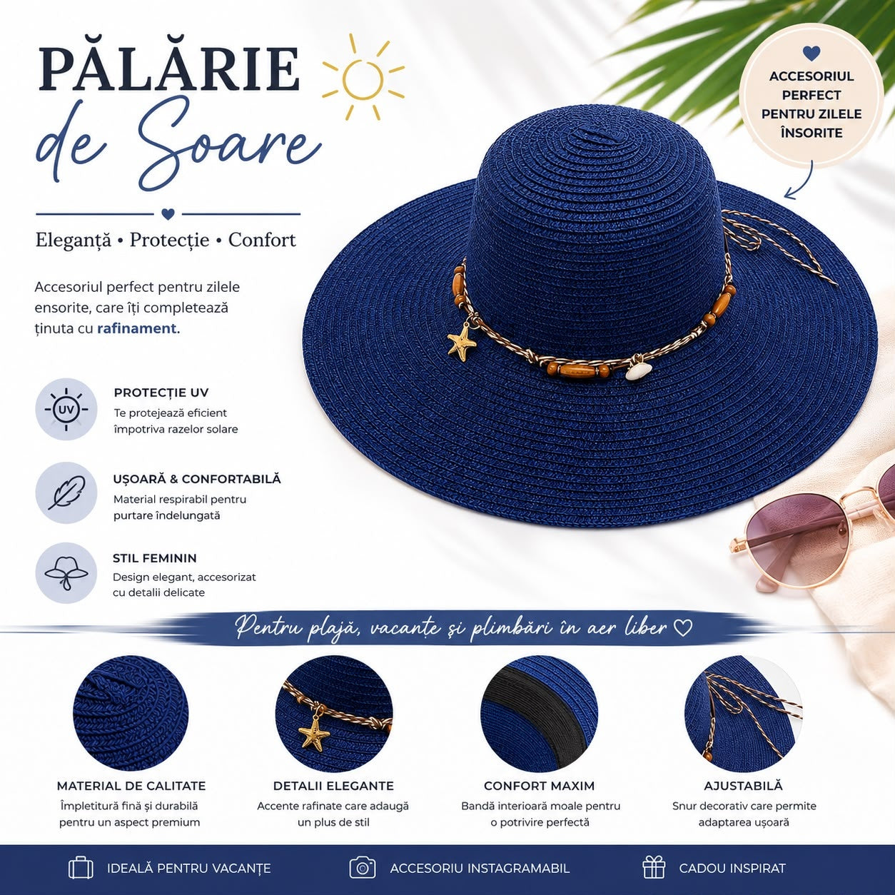 Palarie de Soare pentru Dama Albastru Inchis cu Boruri Largi si Accente Decorative