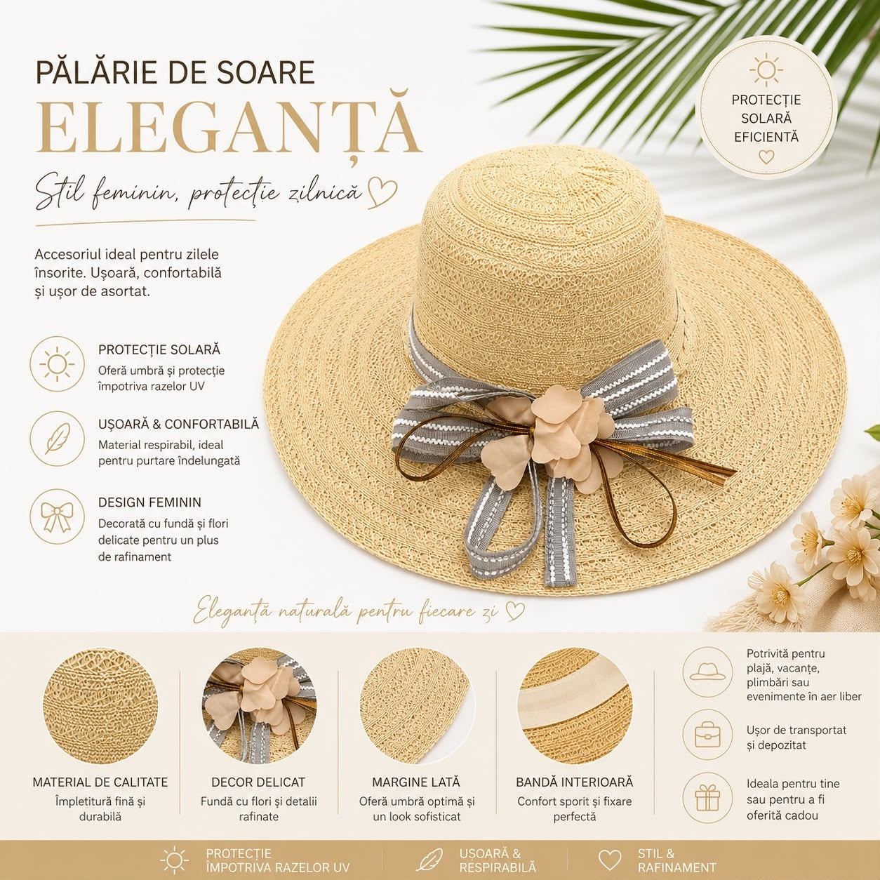 Palarie de Soare pentru Dama Bej cu Boruri Largi, Funda si Flori Decorative