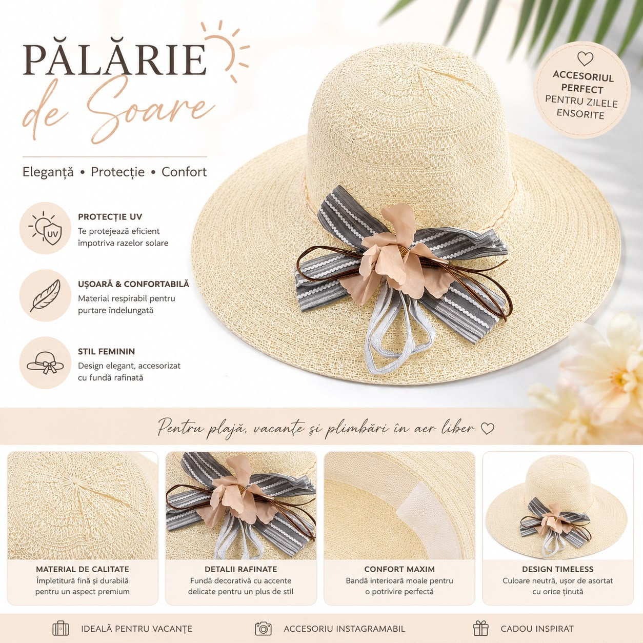 Palarie de Soare pentru Dama Crem cu Boruri Largi si Fundita Decorativa