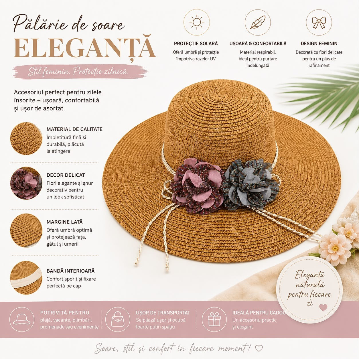 Palarie de Soare pentru Dama Maro Caramel cu Boruri Largi si Flori Decorative