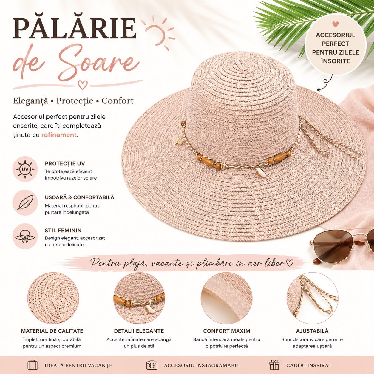 Palarie de Soare pentru Dama Roz Pudra cu Boruri Largi si Accente Decorative