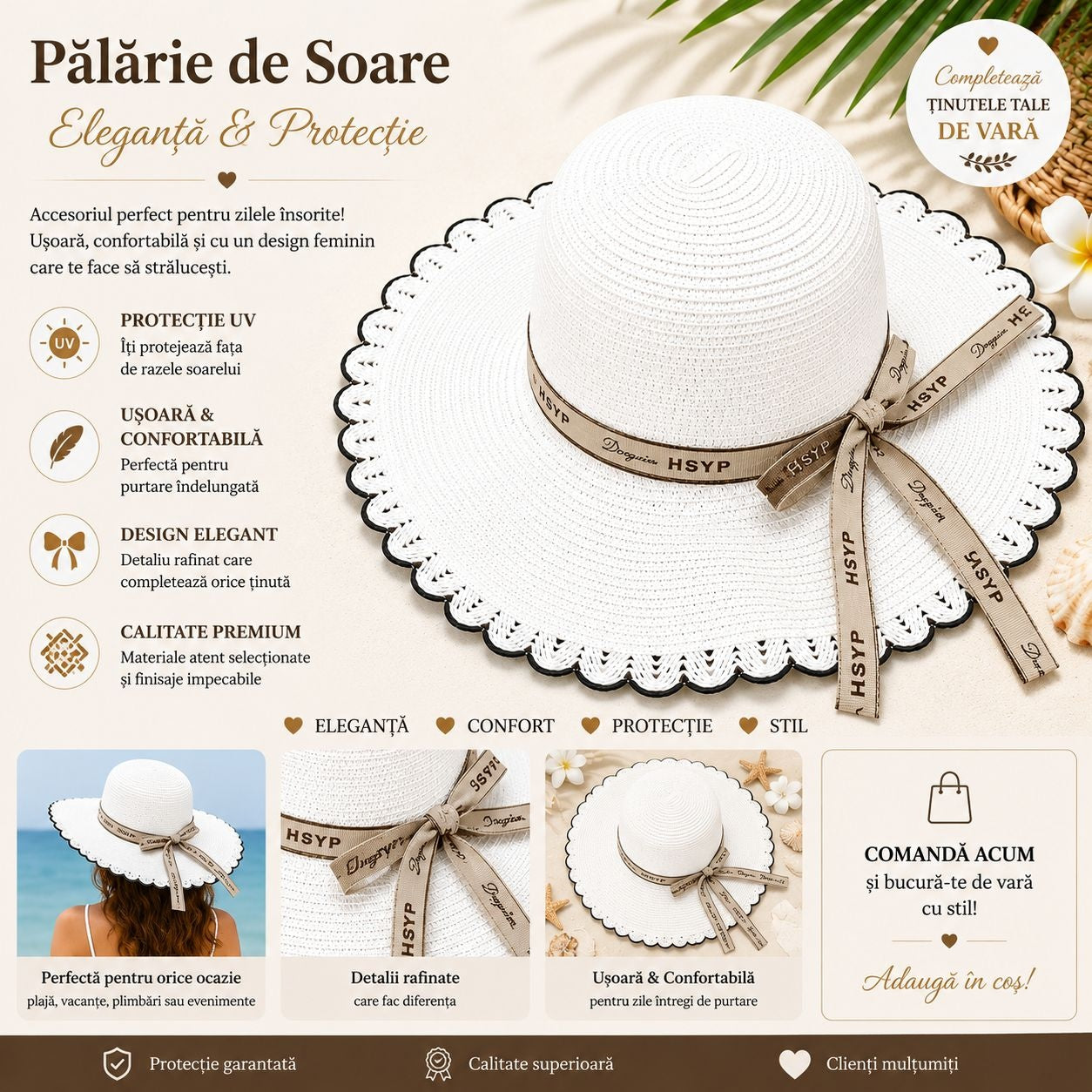 Palarie de Soare pentru Femei, Alba cu Fundita Bej, Boruri Ondulate, Design Elegant de Vara