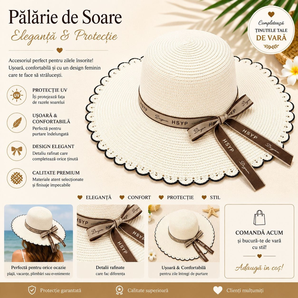 Palarie de Soare pentru Femei Alba cu Fundita Maro Eleganta – Model Chic de Vara