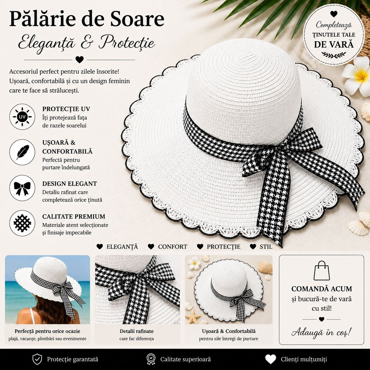 Palarie de Soare pentru Femei Alba cu Fundita Neagra Eleganta – Model Chic de Vara