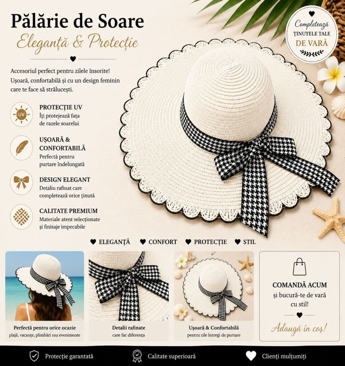 Palarie de Soare pentru Femei Alba cu Fundita Neagra Eleganta – Model Chic de Vara