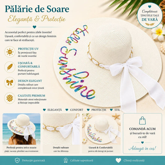 Palarie de Soare pentru Femei, Alba cu Fundita si Inscriptie “Hello Sunshine”, Eleganta pentru Vara