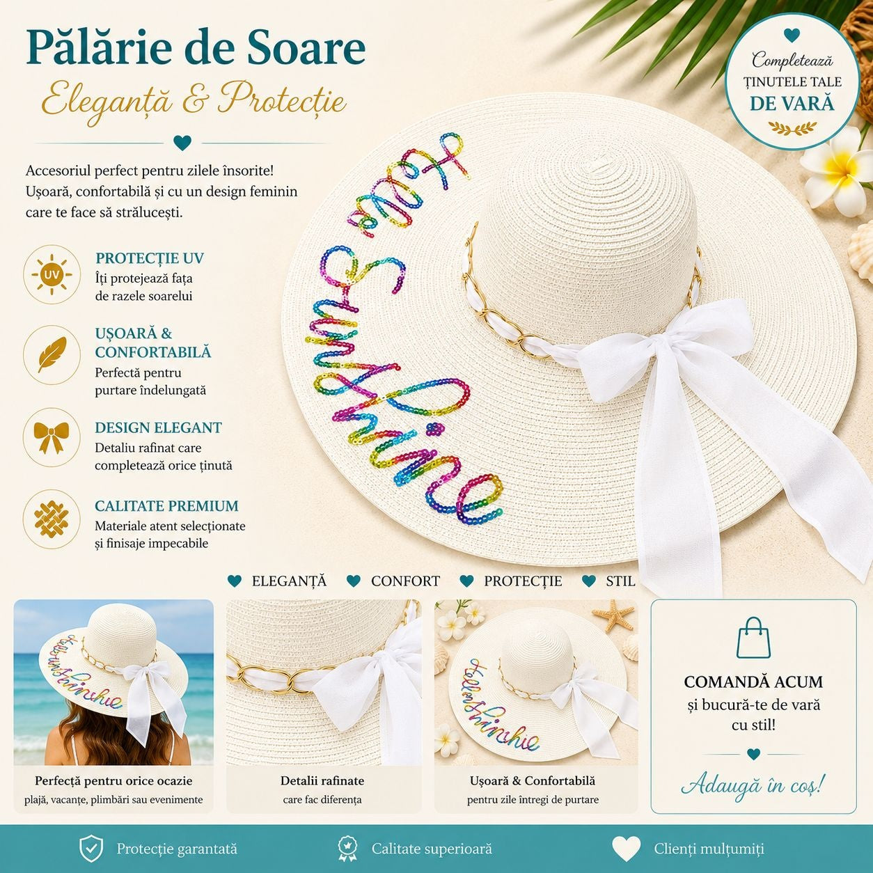 Palarie de Soare pentru Femei, Alba cu Fundita si Inscriptie “Hello Sunshine”, Eleganta pentru Vara