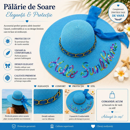 Palarie de Soare pentru Femei Albastra cu Fundita si Inscripție “Hello Sunshine” – Palarie Eleganta de Vara