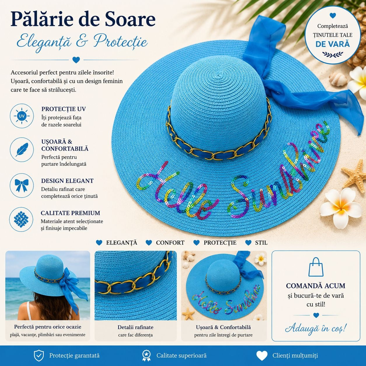 Palarie de Soare pentru Femei Albastra cu Fundita si Inscripție “Hello Sunshine” – Palarie Eleganta de Vara