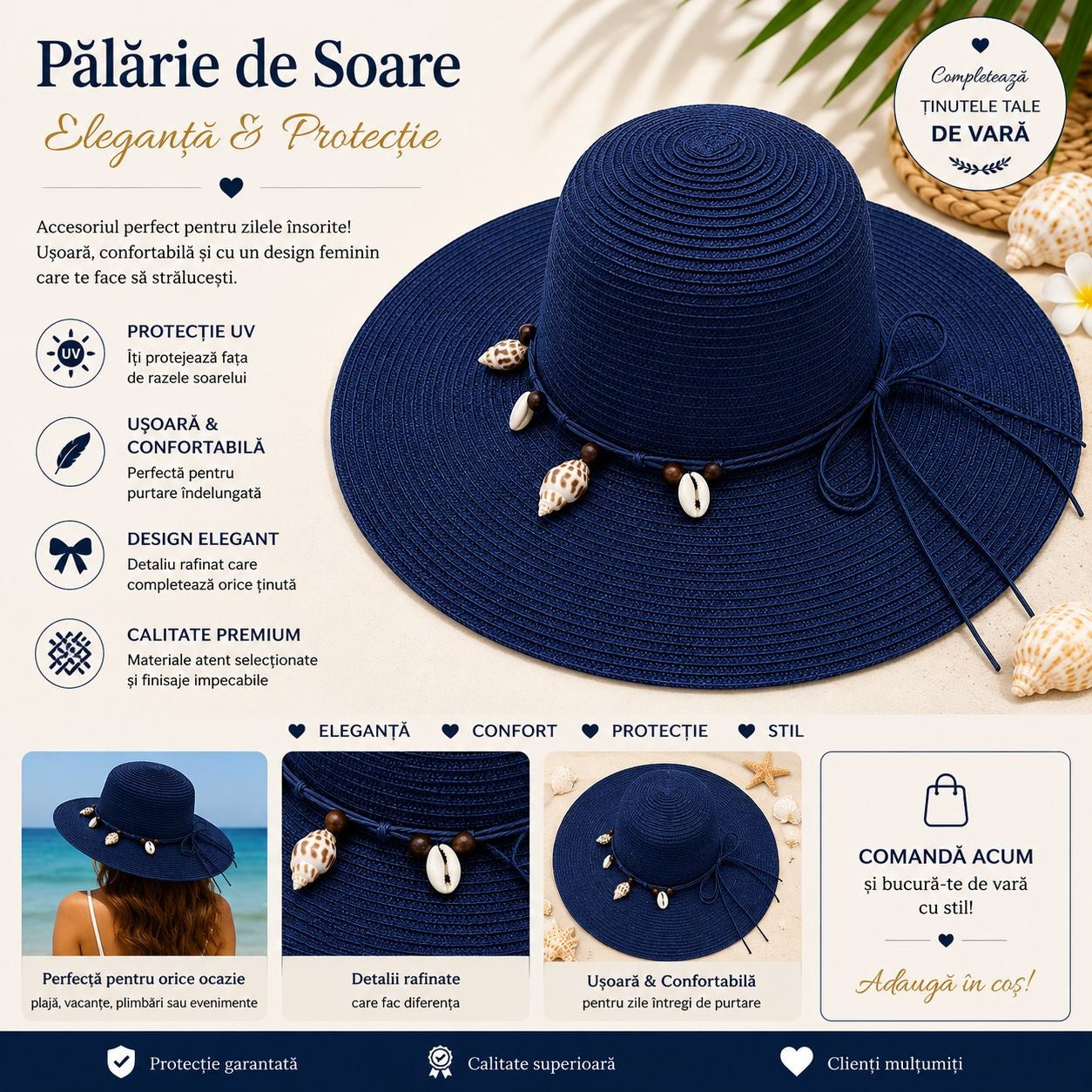 Palarie de Soare pentru Femei, Albastru Inchis, cu Scoici si Fundita, Boruri Largi, Eleganta de Vara