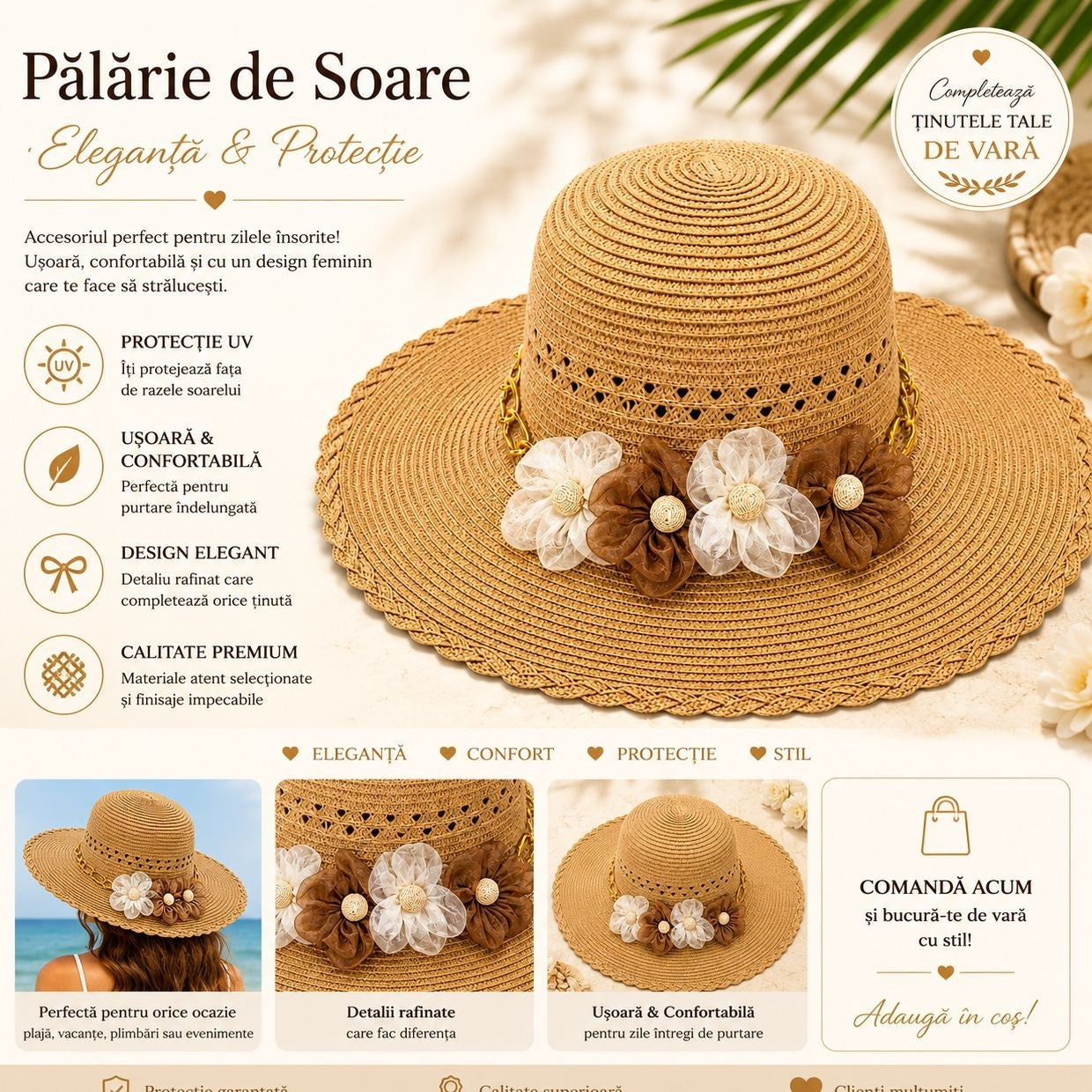 Palarie de Soare pentru Femei, Bej , cu Floricele Decorative, Boruri Largi