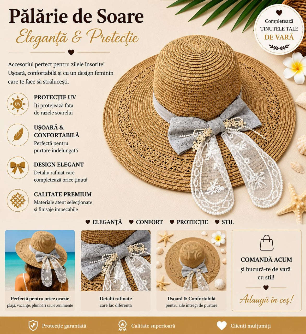 Palarie de Soare pentru Femei Bej cu Fundita si Dantela – Model Elegant de Vara