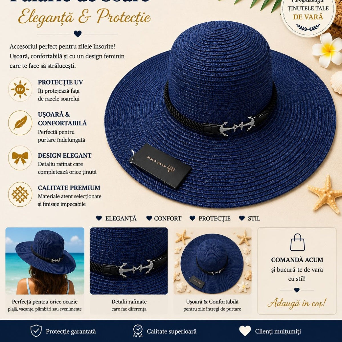 Palarie de Soare pentru Femei Bleumarin cu Detaliu Ancora – Model Elegant de Vara