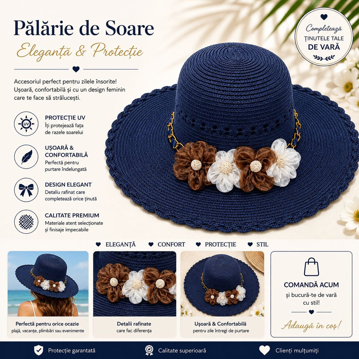 Palarie de Soare pentru Femei Bleumarin cu Floricele – Model Elegant de Vara