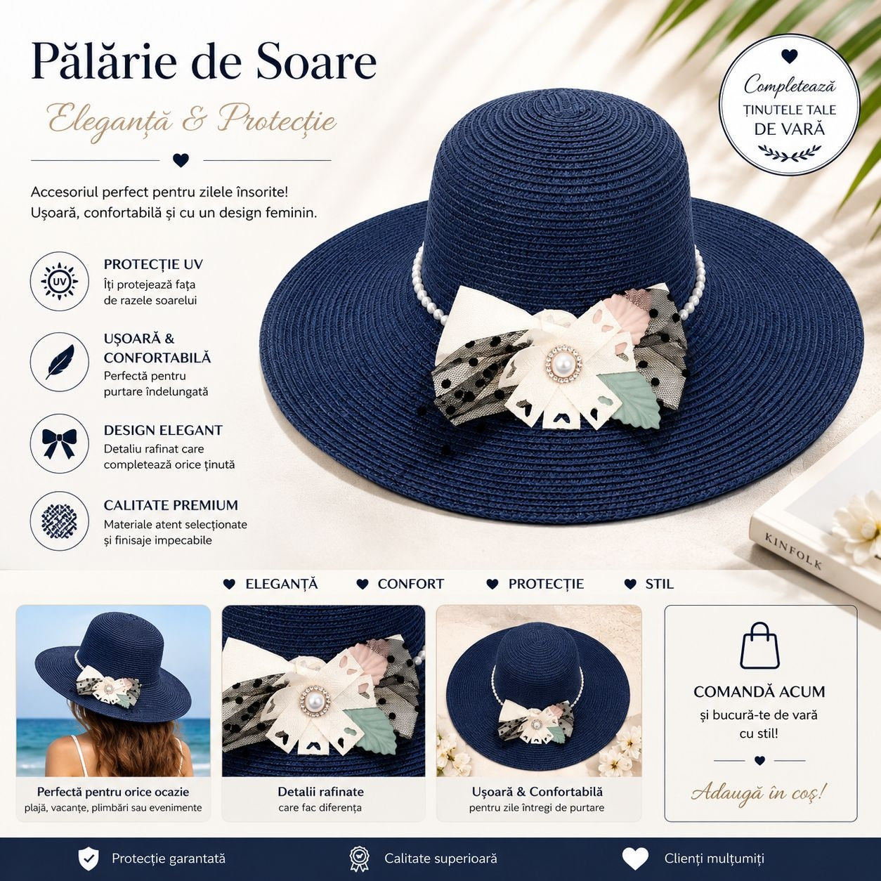 Palarie de Soare pentru Femei Bleumarin cu Fundita – Model Elegant de Vara