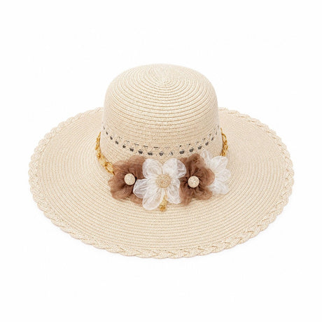 Palarie de Soare pentru Femei, Crem, cu Floricele Decorative