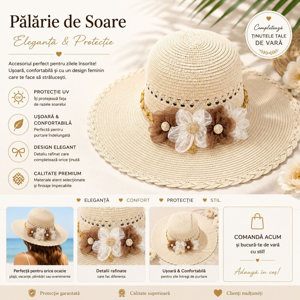 Palarie de Soare pentru Femei, Crem, cu Floricele Decorative