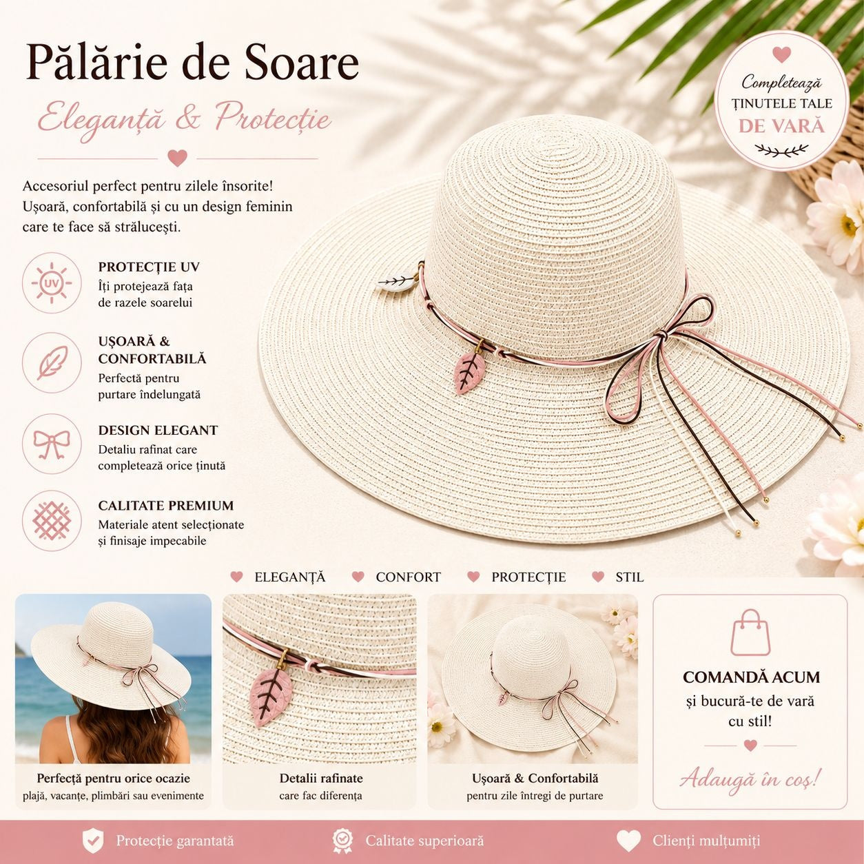 Palarie de Soare pentru Femei, Crem, cu Frunze si Fundita, Boruri Largi, Design Elegant de Vara