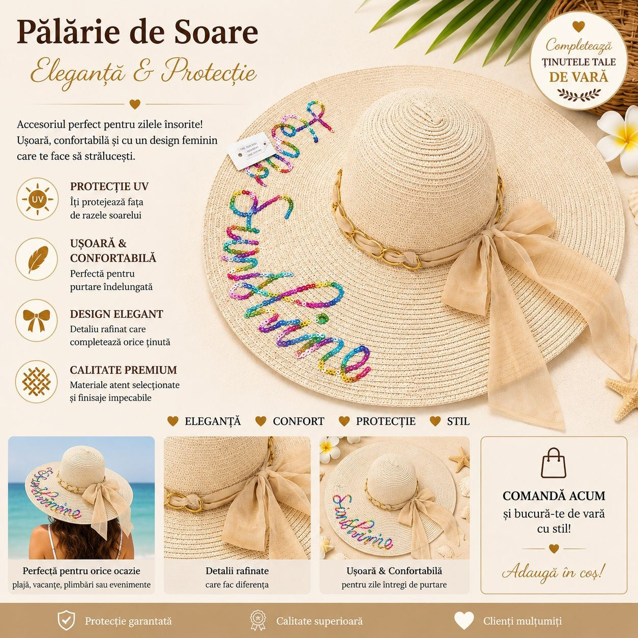 Palarie de Soare pentru Femei, Crem cu Fundita Bej si Inscriptie “Hello Sunshine”, Eleganta de Vara