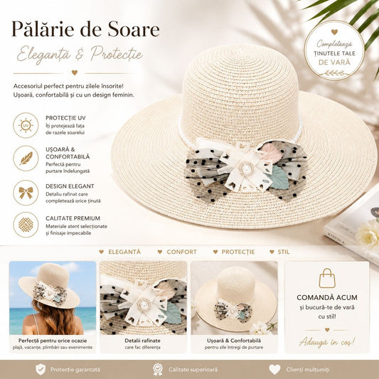 Palarie de Soare pentru Femei, Crem, cu Fundita Eleganta, Boruri Largi, Stil Feminin de Vara