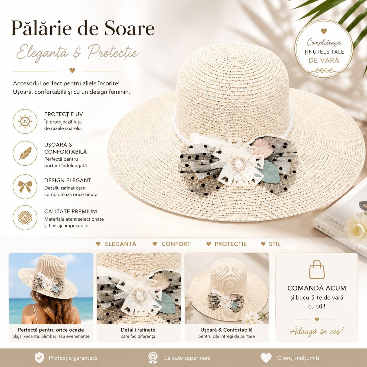 Palarie de Soare pentru Femei, Crem, cu Fundita Eleganta, Boruri Largi, Stil Feminin de Vara