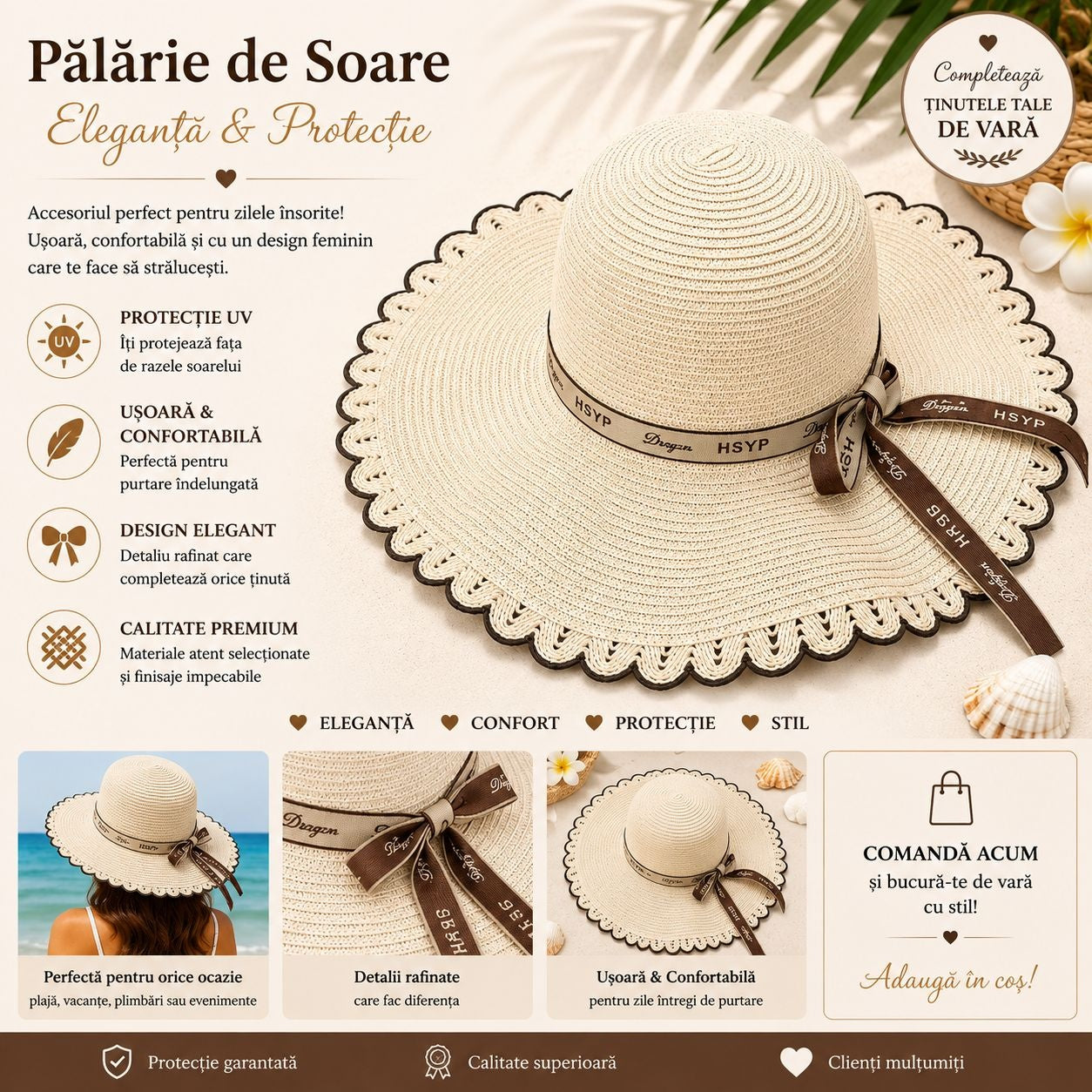 Palarie de Soare pentru Femei, Crem cu Fundita Maro, Boruri Ondulate, Design Elegant de Vara