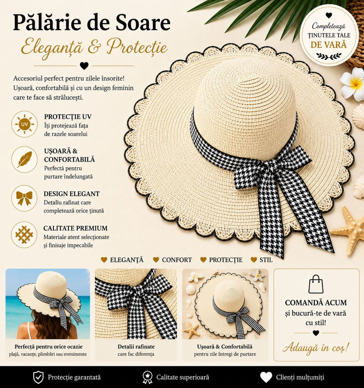 Palarie de Soare pentru Femei Crem cu Fundita Negru-Alb Eleganta – Model Chic de Vara