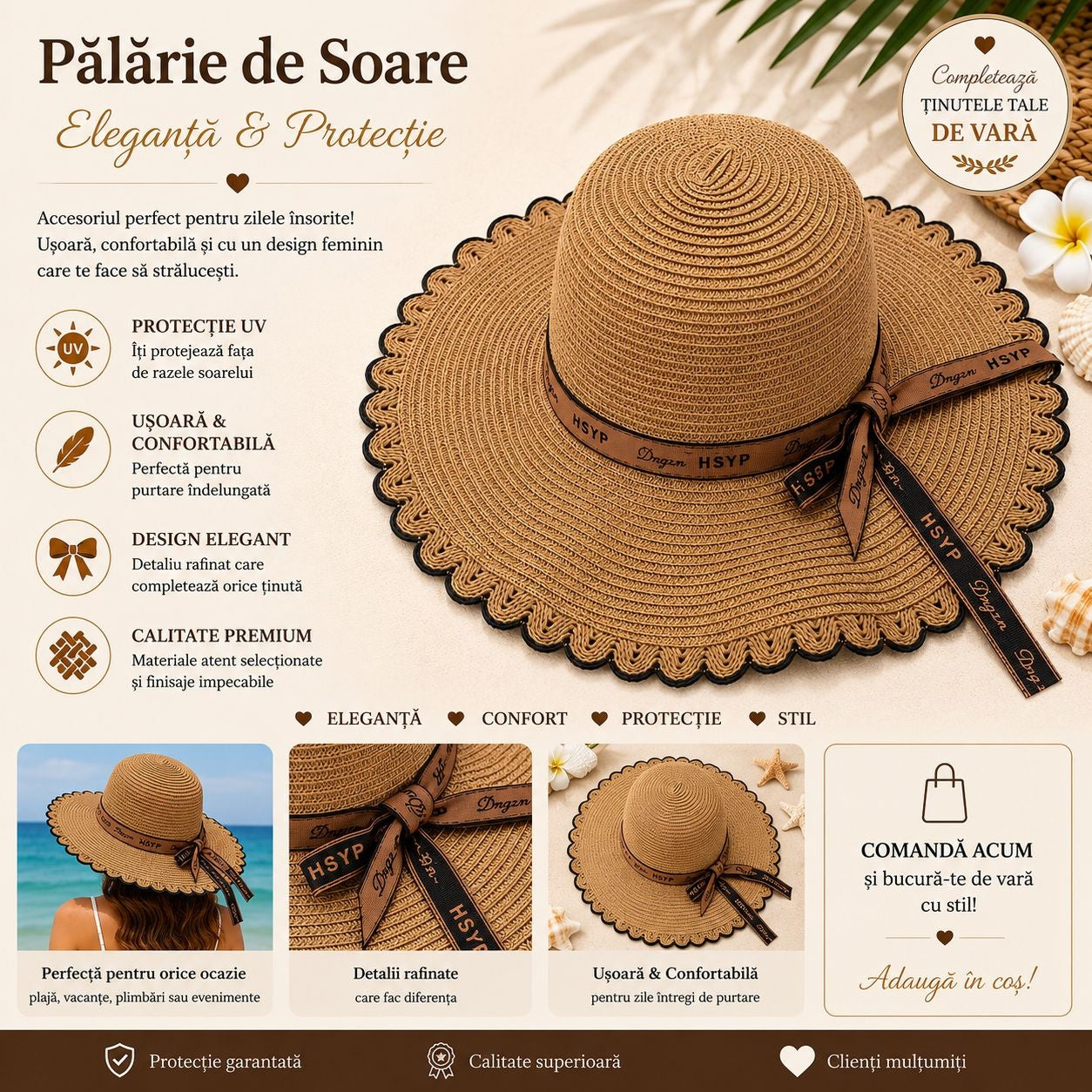 Palarie de Soare pentru Femei, Maro cu Fundita Eleganta, Boruri Ondulate, Stil Chic de Vara