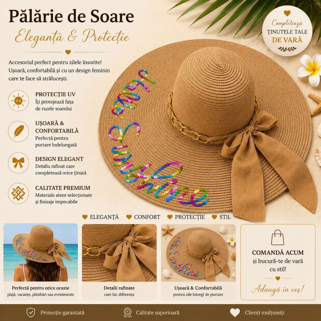 Palarie de Soare pentru Femei, Maro cu Fundita Eleganta si Inscriptie “Hello Sunshine”– Accesoriu Chic de Vara