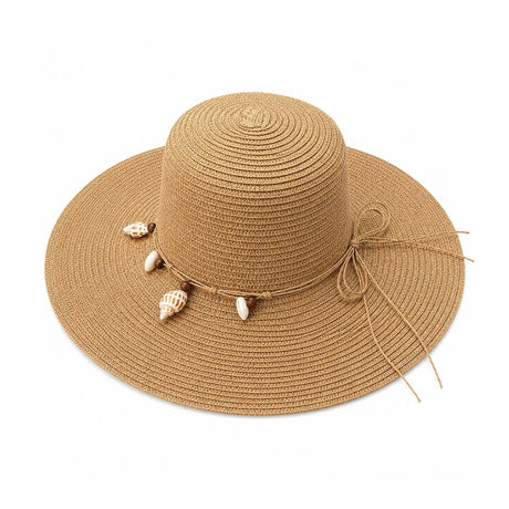 Palarie de Soare pentru Femei, Maro , cu Scoici Decorative si Fundita, Boruri Largi, Eleganta de Vara