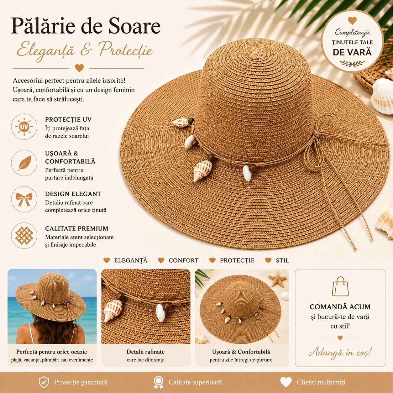 Palarie de Soare pentru Femei, Maro , cu Scoici Decorative si Fundita, Boruri Largi, Eleganta de Vara