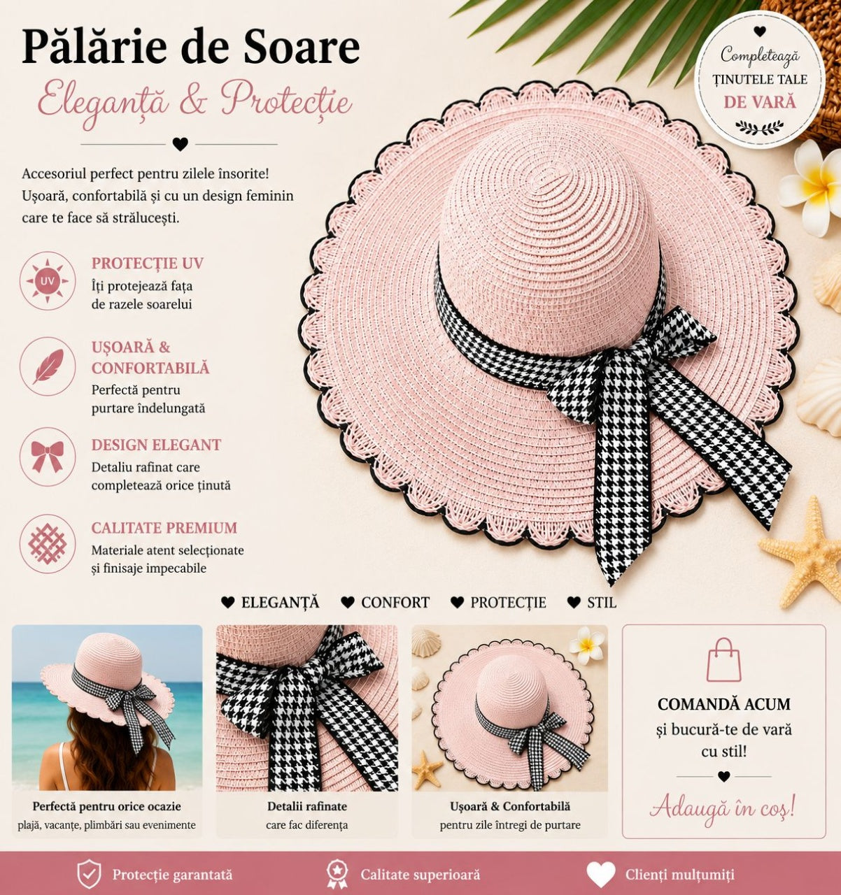 Palarie de Soare pentru Femei Roz cu Fundita Negru-Alb – Model Elegant de Vara