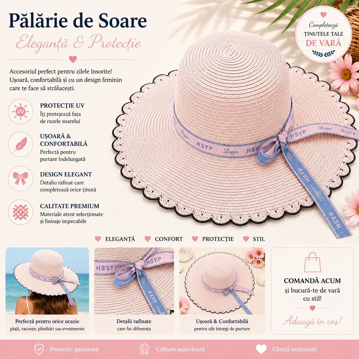 Palarie de Soare pentru Femei, Roz Pal, cu Fundita Eleganta si Boruri Ondulate, Stil Chic de Vara