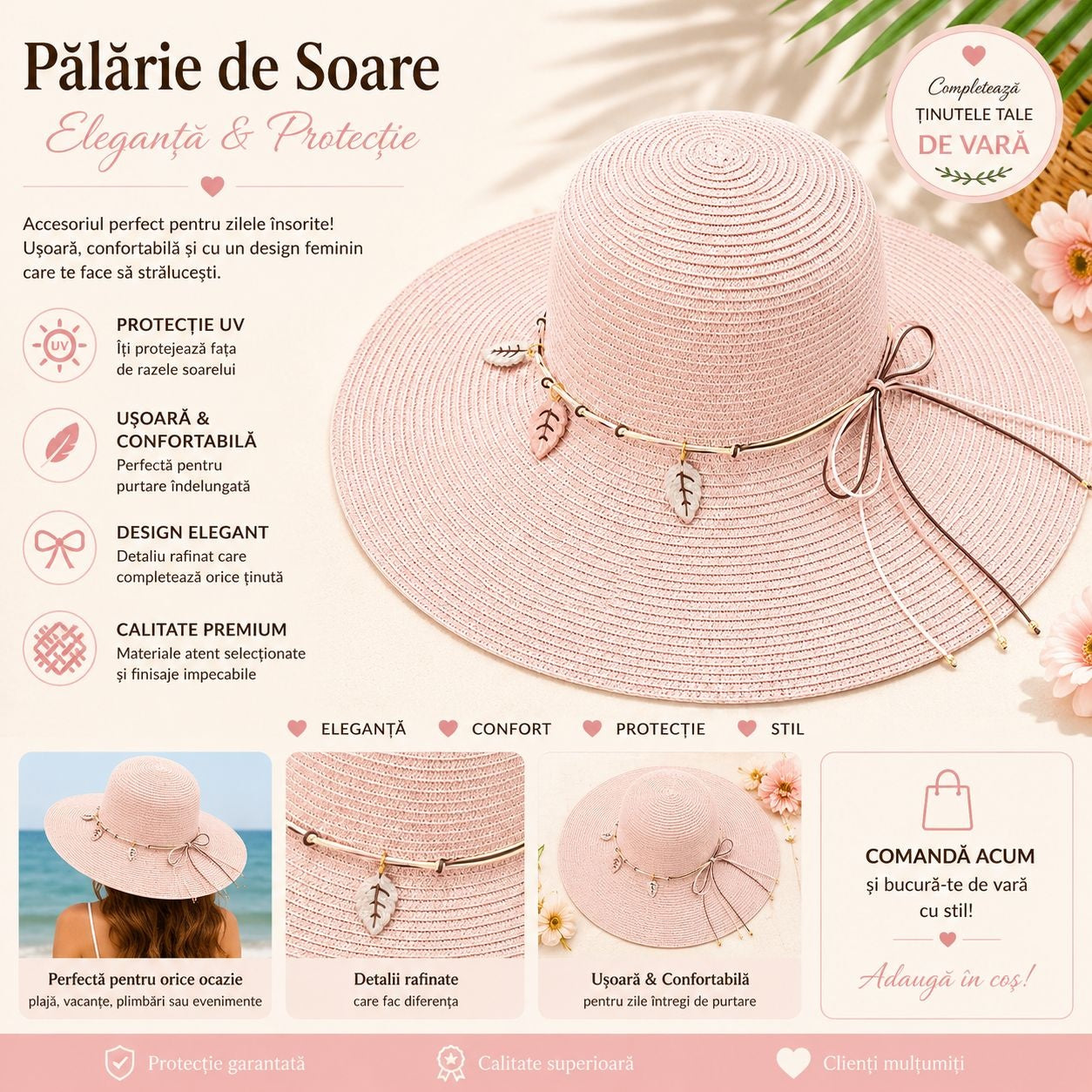 Palarie de Soare pentru Femei, Roz Pastel, cu Frunze si Fundita, Boruri Largi, Eleganta si Confortabila