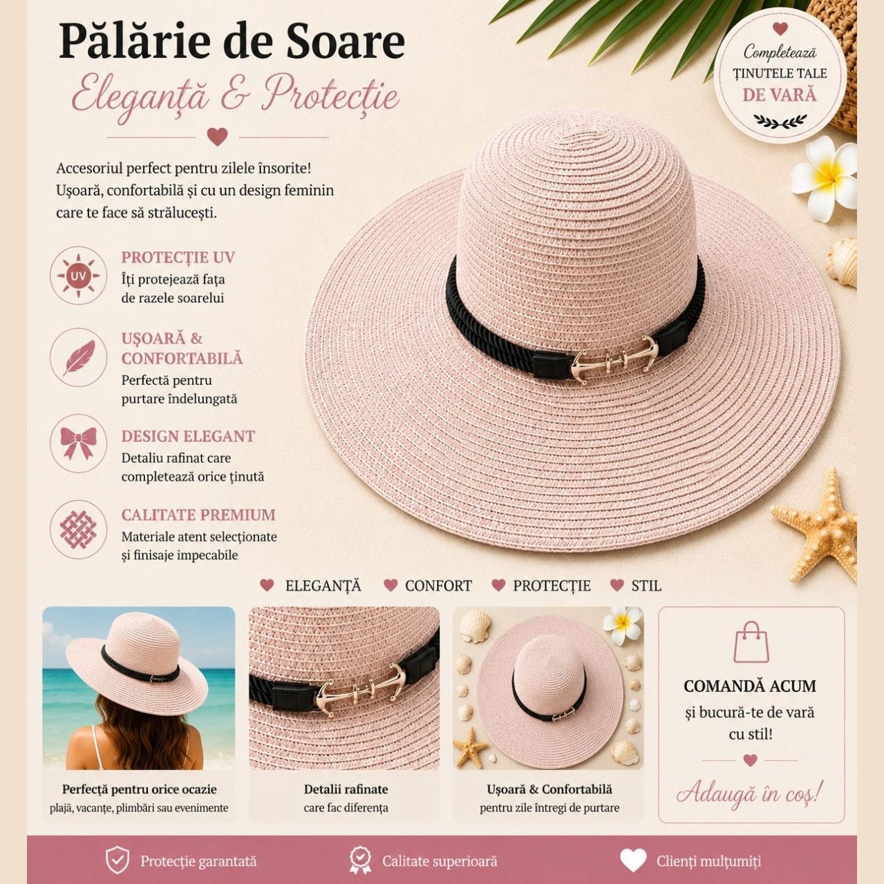 Palarie de Soare pentru Femei Roz Pudrat cu Detaliu Ancora – Model Elegant de Vara