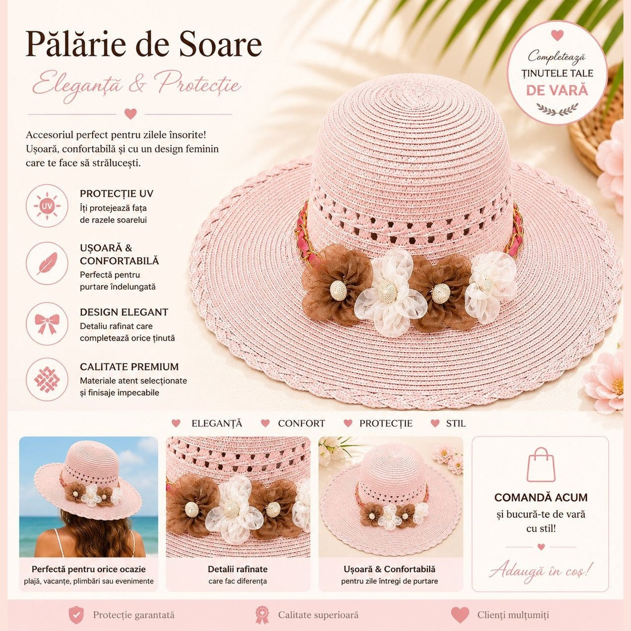 Palarie de Soare pentru Femei, Roz Pudrat, cu Floricele Decorative, Boruri Largi, Design Elegant