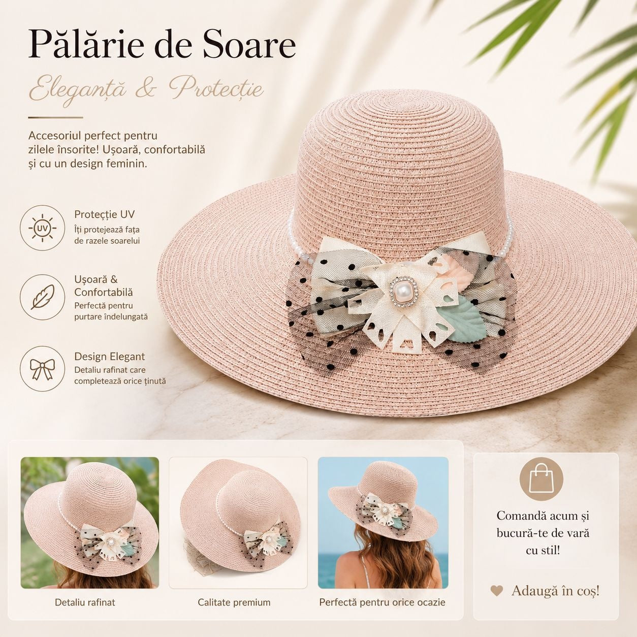 Palarie de Soare pentru Femei, Roz Pudrat, cu Funda Eleganta