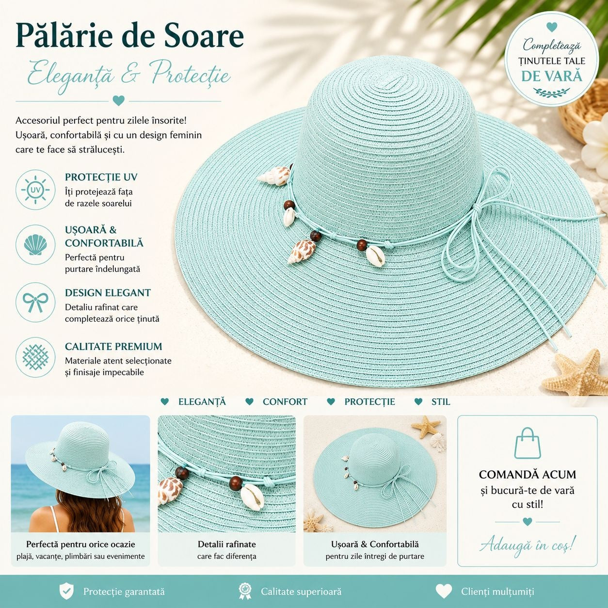 Palarie de Soare pentru Femei, Turcoaz, cu Scoici si Fundita, Boruri Largi, Eleganta pentru Vara