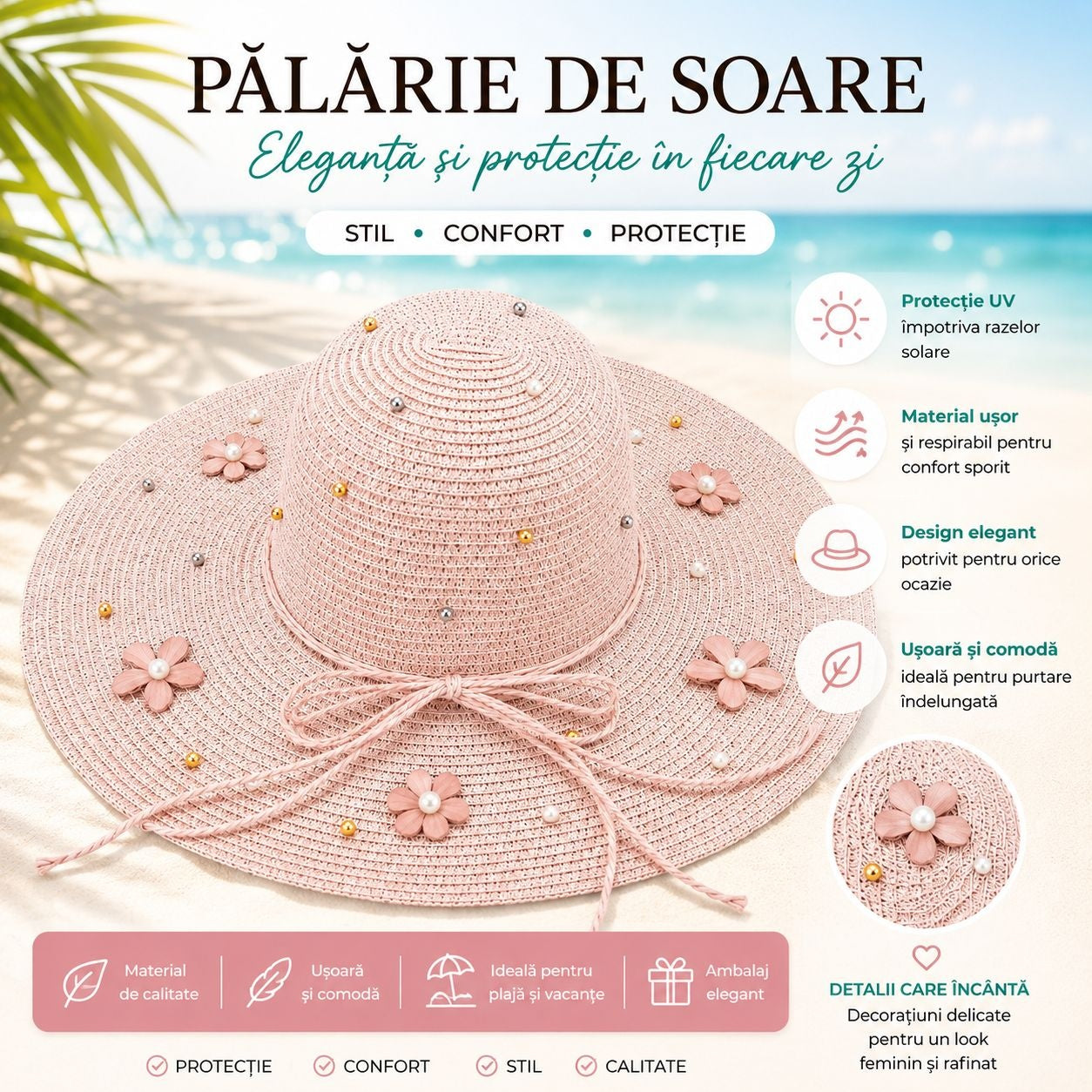 Palarie de Soare Roz Eleganta cu Flori Decorative pentru Plaja si Vacante