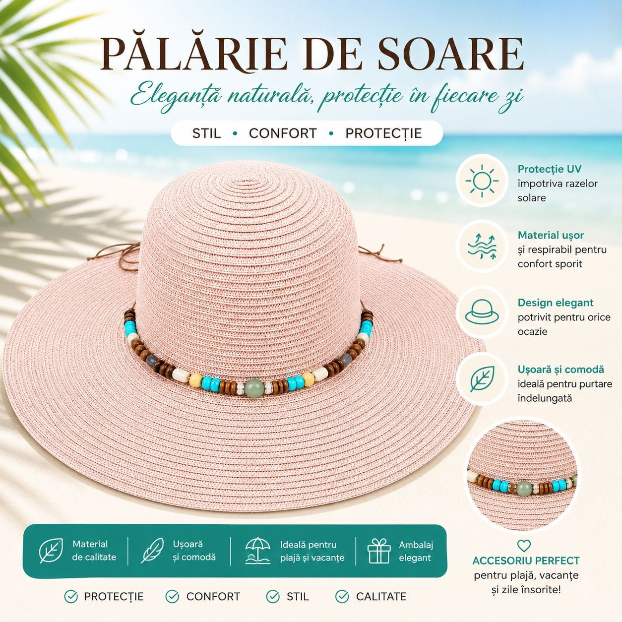 Palarie de Soare Roz pentru Femei cu Accesorii Decorative si Protectie UV
