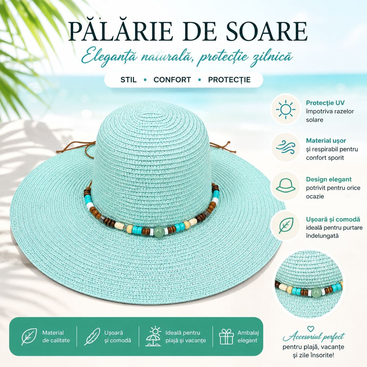 Palarie de Soare Turcoaz pentru Femei cu Accesorii Decorative si Protectie UV