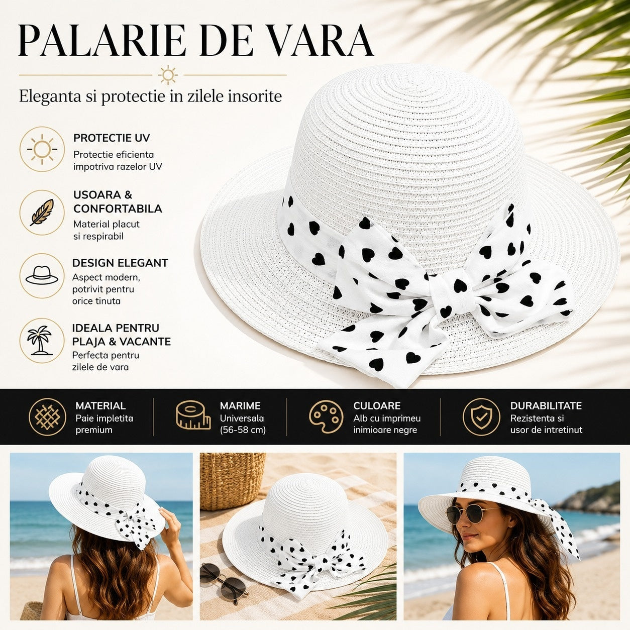Palarie de Vara Alba cu Fundita si Model Inimioare Negre pentru Plaja si Vacanta