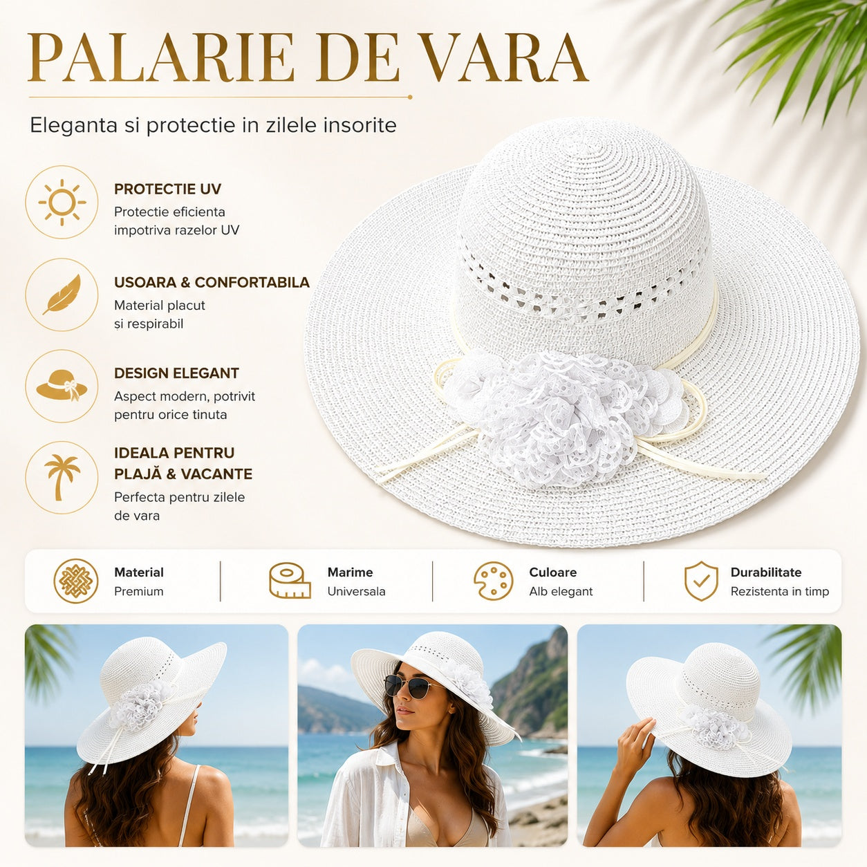 Palarie de vara alba eleganta cu floare decorativa pentru plaja si tinute feminine