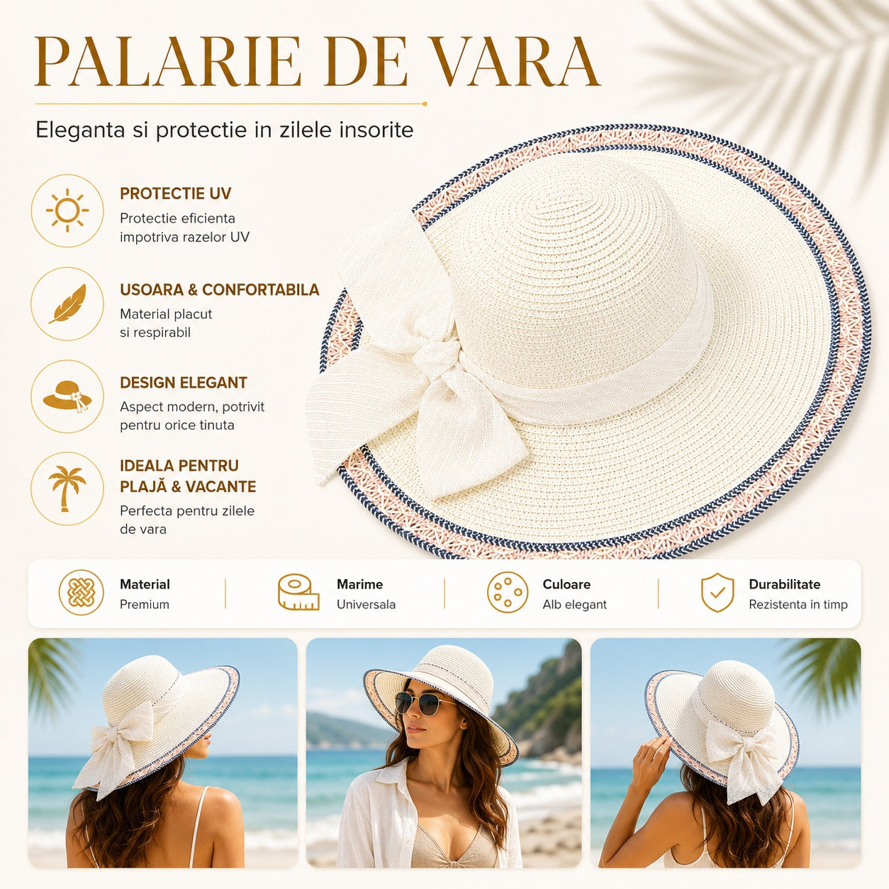Palarie de vara alba eleganta cu funda decorativa pentru plaja si vacante