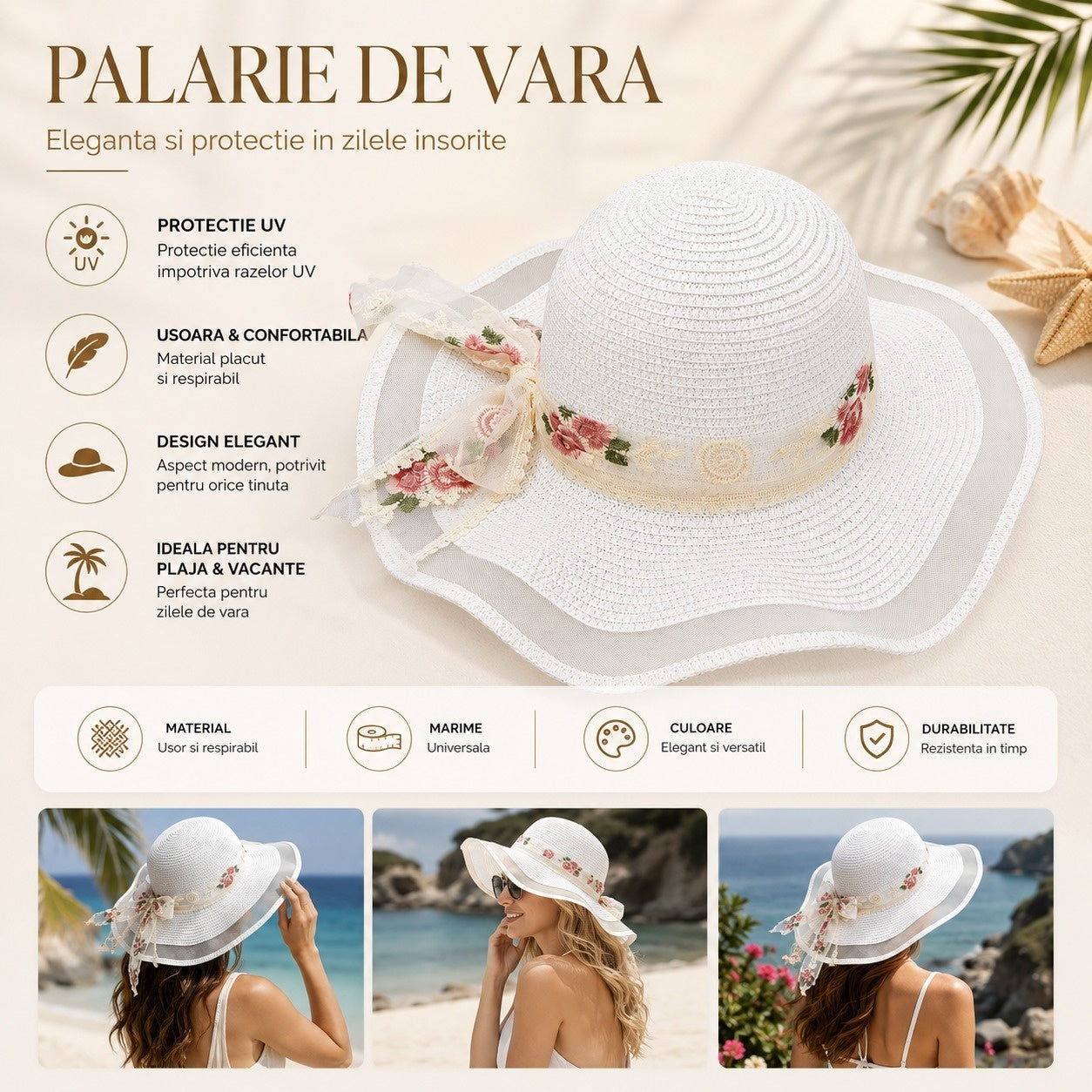 Palarie de Vara Alba pentru Femei cu Panglica Florala si Bor Ondulat Elegant