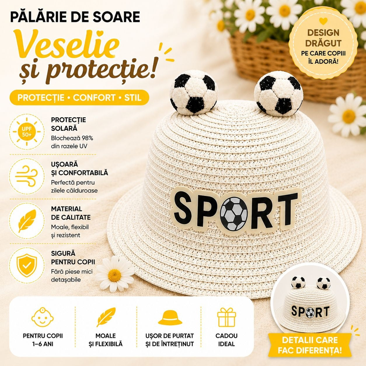 Palarie de Vara Alba Sport pentru Copii, cu Design Minge Fotbal si Protectie UV